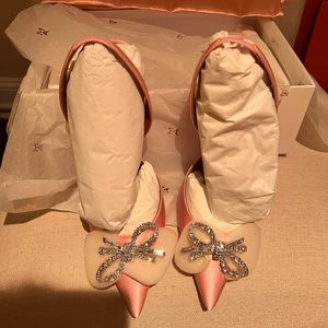 Amina Muaddi Blush Pink Crystal Bow Satin Heels NEVER WORN HARD TO FINDBRAND NEW